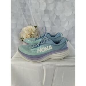 Hoka One One Womens 7.5 Bondi 8 Blue Lavender Casual Athletic Sneakers CLEANED